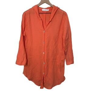 Fresh Produce Orange Cotton Gauze Button Up Hooded Tunic Shirt Women's M Beach